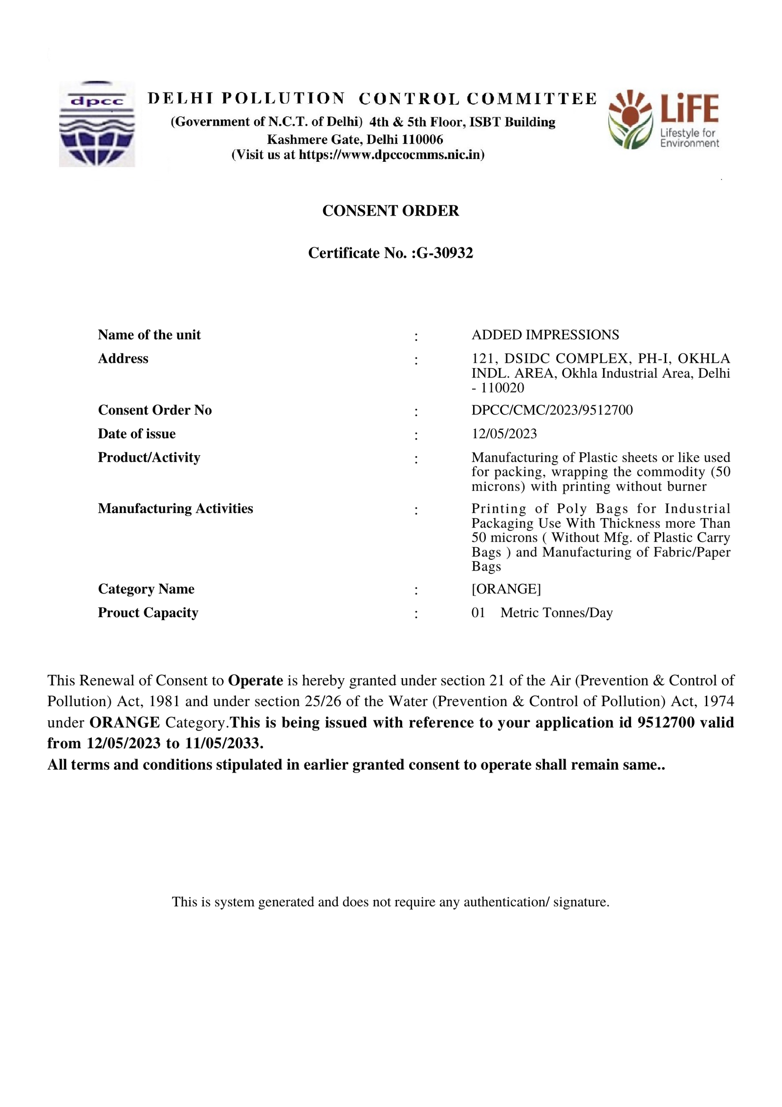 DPCC Consent to Operate - Added Impressions